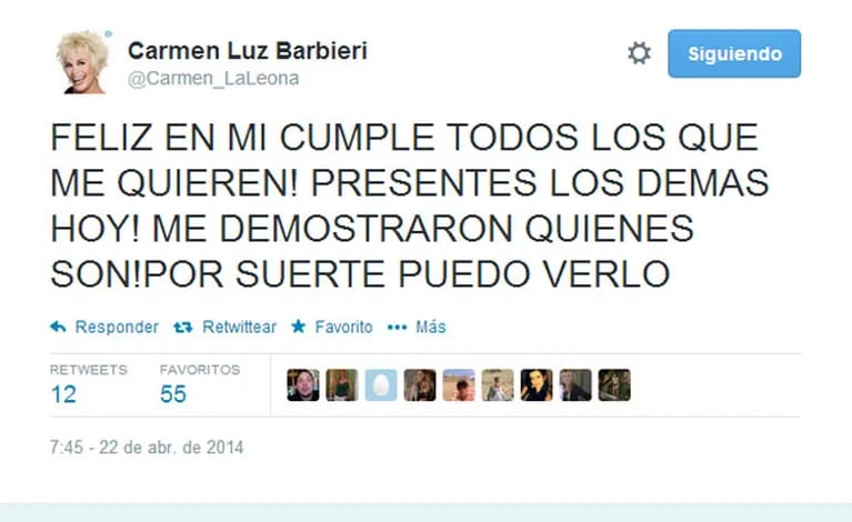 Carmen descargó su bronca en Twitter por las ausencias que hubo en el festejo (Foto: Captura). 