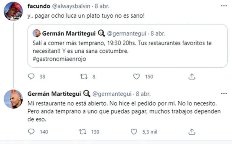 Fuerte respuesta de Germán Martitegui a un seguidor que se quejó por los precios de su restaurante: "Andá a uno que puedas pagar"