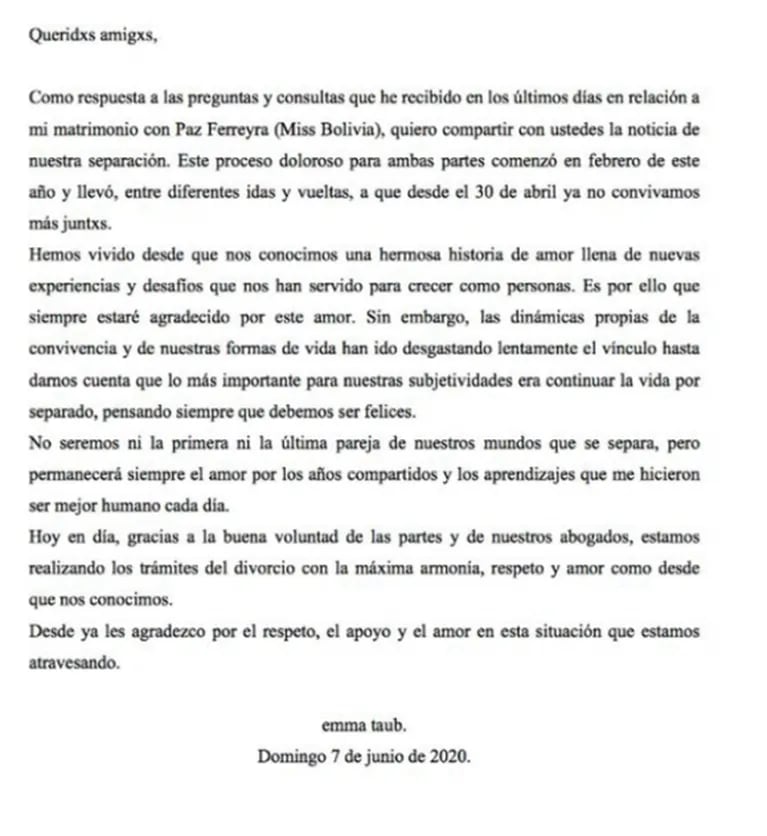 El ex de Miss Bolivia emitió un comunicado, después de que la cantante mostrara sus heridas: "Estamos en trámite de divorcio con la máxima armonía"