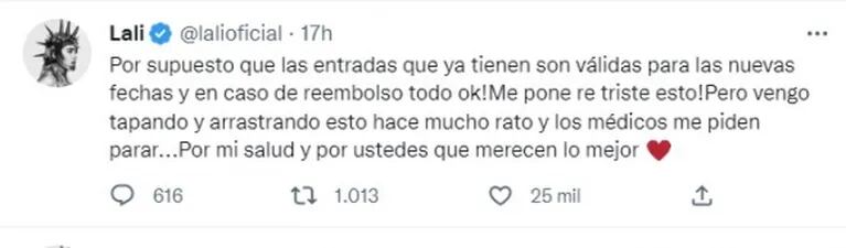 Lali Espósito reveló por qué tuvo que posponer dos shows: "A pedido de los médicos"
