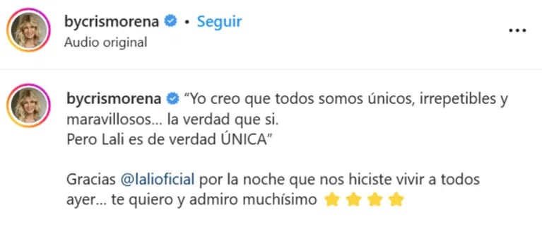 Cris Morena le dedicó a Lali Espósito un emotivo mensaje tras su espectacular show en Vélez