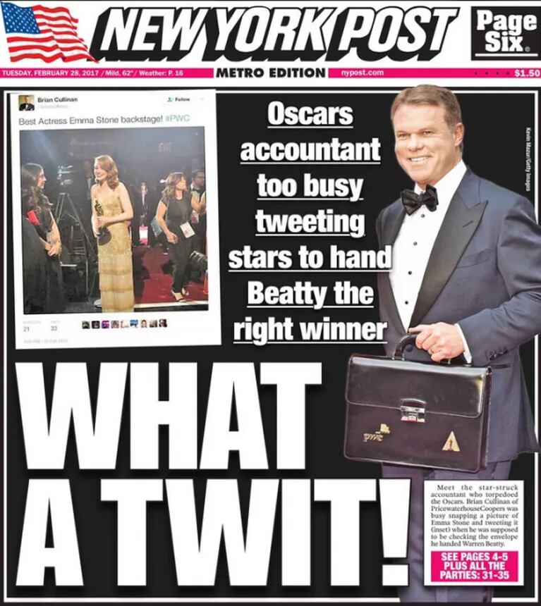 El tweet del culpable del papelón histórico en los premios Oscar, segundos antes de darle el sobre equivocado a Warren Beatty