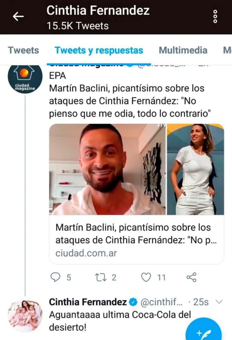 Cinthia Fernández disparó un lapidario tweet contra Martín Baclini: "¡Aguantá! ¡Última Coca del desierto!"