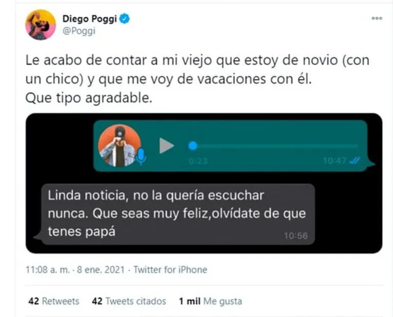 Diego Poggi publicó el hiriente chat con su padre cuando le contó que está de novio con un hombre: "Olvidate de que tenés papá"