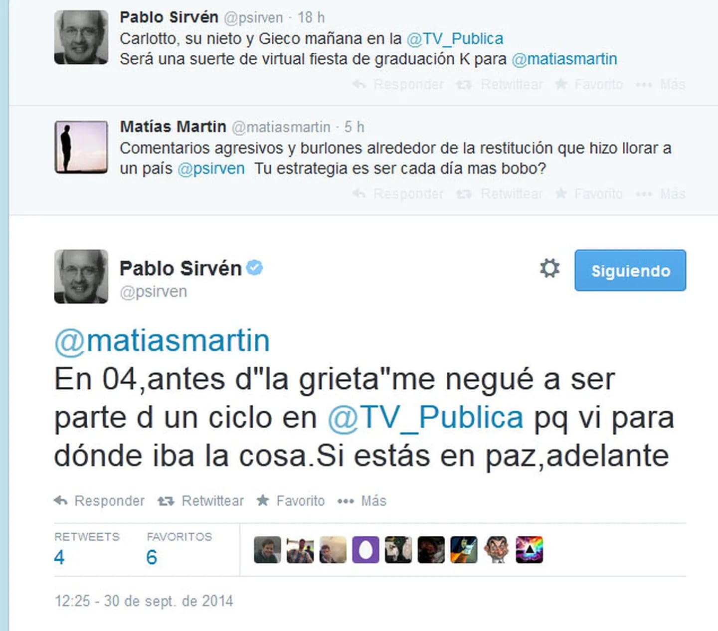 El picante cruce tuitero de Matías Martin y Pablo Sirvén. (Foto: Twitter)