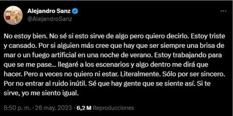 Alejandro Sanz volvió a hablar de su estado anímico y sus fans reaccionaron para darle fuerzas