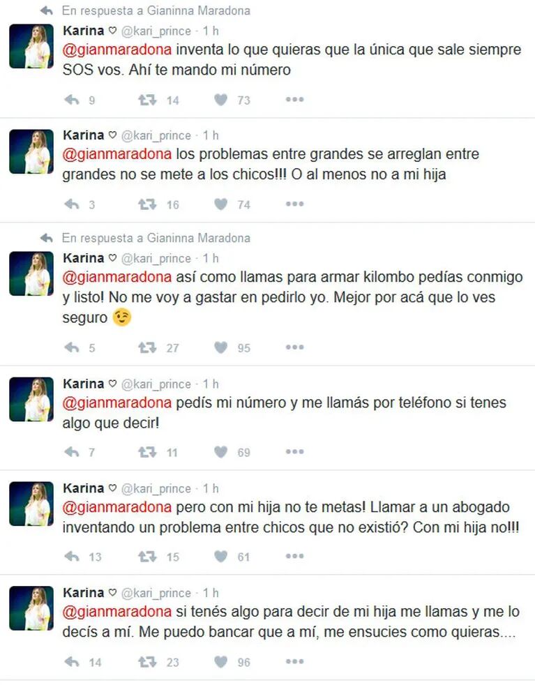 Escándalo entre La Princesita Karina y Gianinna Maradona en Twitter: "Me banco que me ensucies como quieras... ¡pero con mi hija no te metas!" 