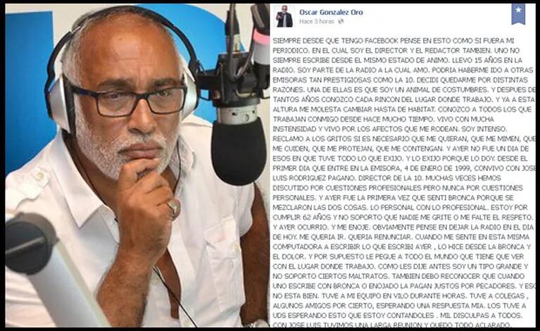 Oscar González Oro sigue en Radio 10. (Foto: Facebook y Web)