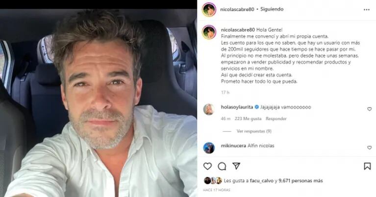 Laurita Fernández le dedicó un sorpresivo comentario a Nicolás Cabré en su primera foto en Instagram
