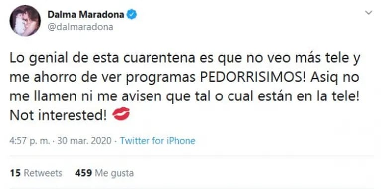 Picante tweet de Dalma Maradona contra los "programa pedorrísimos": "No me llamen ni me avisen quién está"