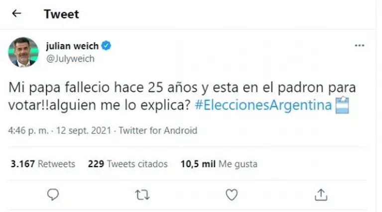 La contundente denuncia de Julián Weich tras votar en las PASO: "Mi papá falleció hace 25 años y está en el padrón"