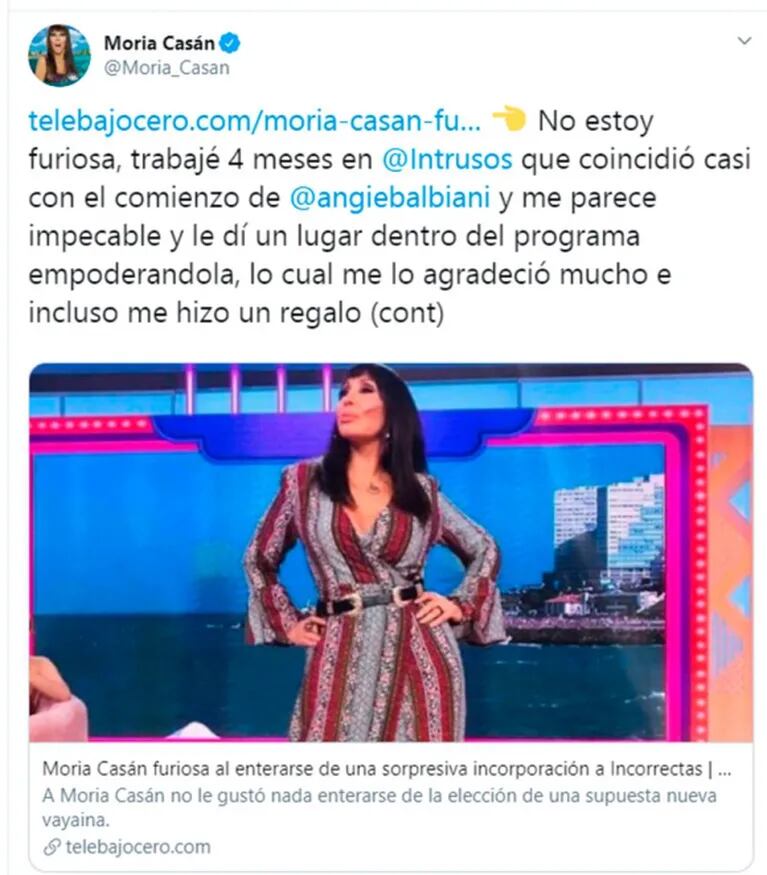Picante mensaje de Moria Casán por la llegada de Angie Balbiani a Incorrectas: "¿Ni una mínima consulta a la conductora?"