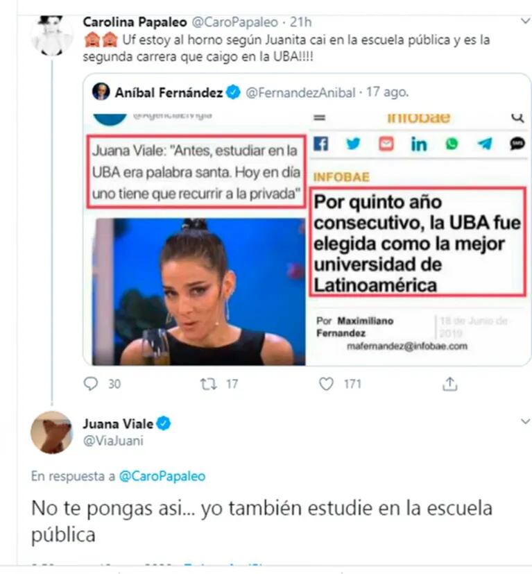 La respuesta de Juana Viale a una picante ironía de Carolina Papaleo por sus dichos sobre la UBA: "No te pongas así"