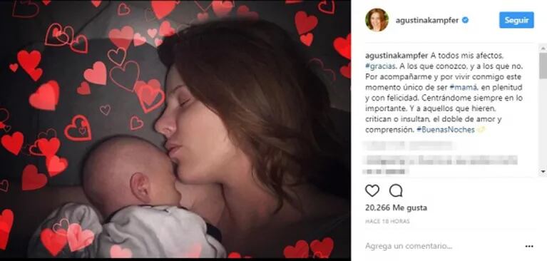 La tierna foto de Agustina Kämpfer con su bebé y una respuesta a los que la agreden en las redes: "A los que hieren, critican o insultan, el doble de amor y comprensión"