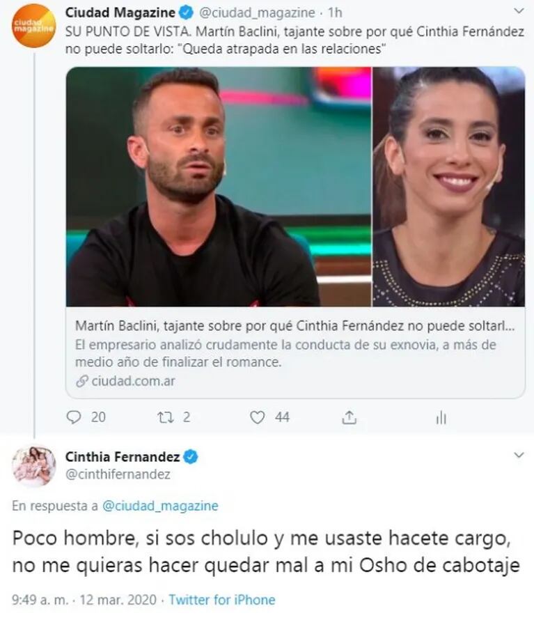 Furiosa catarata de tweets de Cinthia Fernández contra Martín Baclini: "Ya te solté, Figuretti; me das asco"