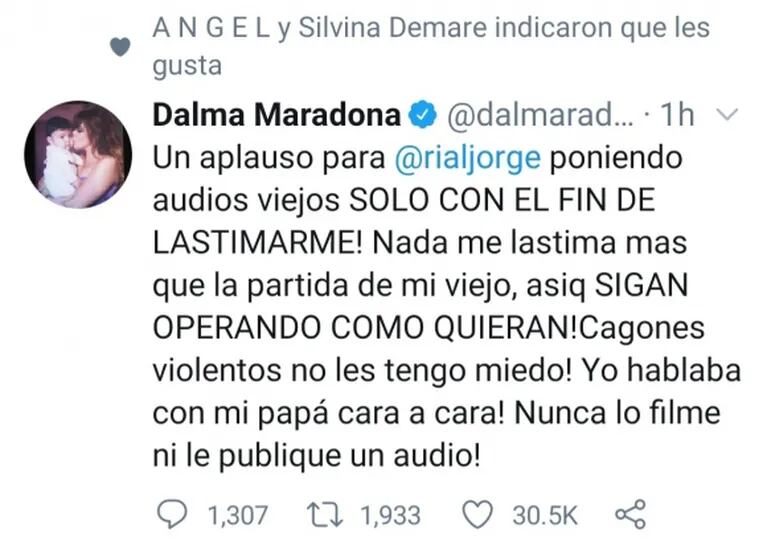 Picante reacción de De Brito al furioso tweet de Dalma Maradona contra Rial: le dio "me gusta" a la hija del Diez