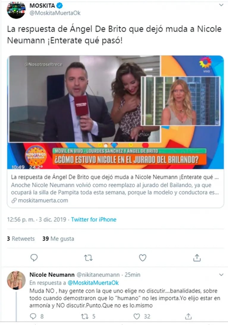 Fuerte cruce twittero de Ángel de Brito con Nicole Neumann, quien lo acusó de "panqueque": chicanas y explosiva comparación con Pampita