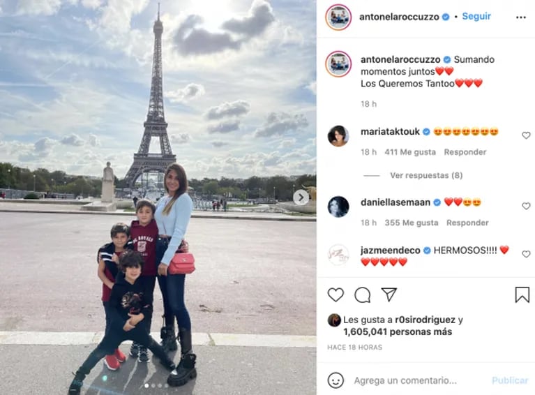 Antonela Roccuzzo paseó con sus hijos en París y le dedicó un romántico mensaje a Messi: "Extrañándote mucho"