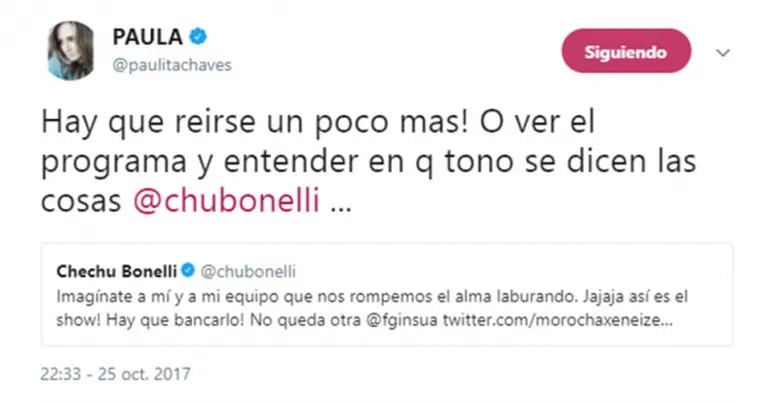 El sorpresivo cruce en Twitter de Paula Chaves y Chechu Bonelli: "¡Hay que reírse un poco más!"