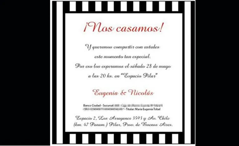 La invitación al casamiento de Nicolás Cabré y María Eugenia Tobal. (Foto: Web)
