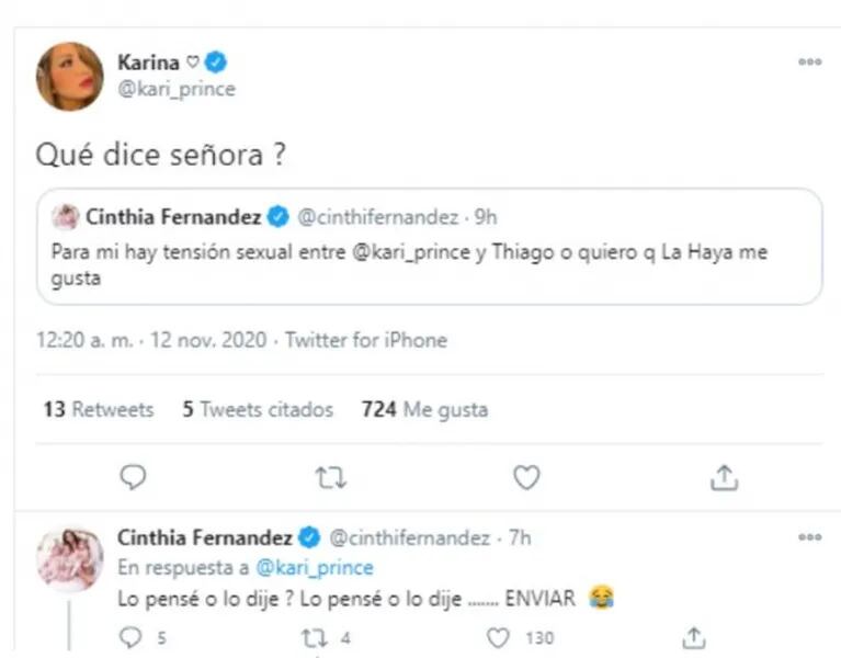 La reacción de Karina cuando Cinthia Fernández advirtió que 'hay tensión sexual' con Tyago Griffo: "¿Qué dice señora?"