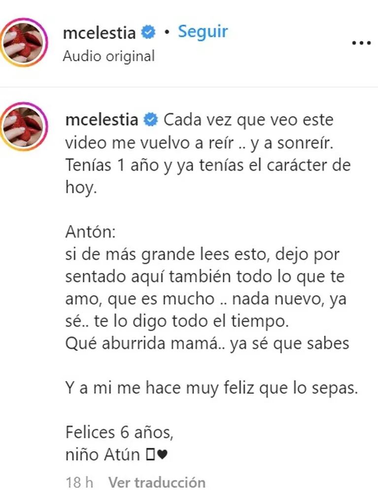 Celeste Cid saludó a su hijo Antón por sus seis años con un dulce video retro: "Dejo por sentado aquí también todo lo que te amo"