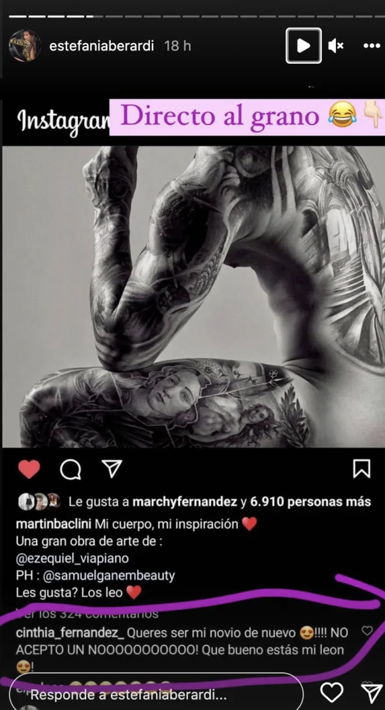 El picante comentario de Cinthia Fernández a Martín Baclini en una foto sensual: "Mi león, qué bueno que estás"