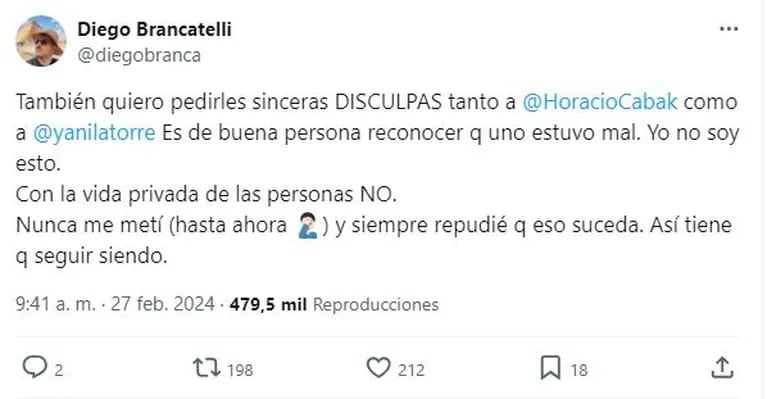 Diego Brancatelli les pidió disculpas públicas en Twitter a Yanina Latorre y Horacio Cabak.