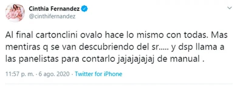 Explosivos tweets de Cinthia Fernández contra Baclini tras el paso de Agazzani por Cantando: "Al final cartonclini hace lo mismo con todas"