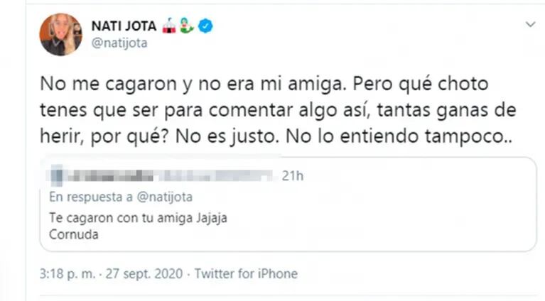 Fuerte respuesta de Nati Jota ante una burla por el romance de su ex con Ivana Nadal: "Qué choto tenés que ser"