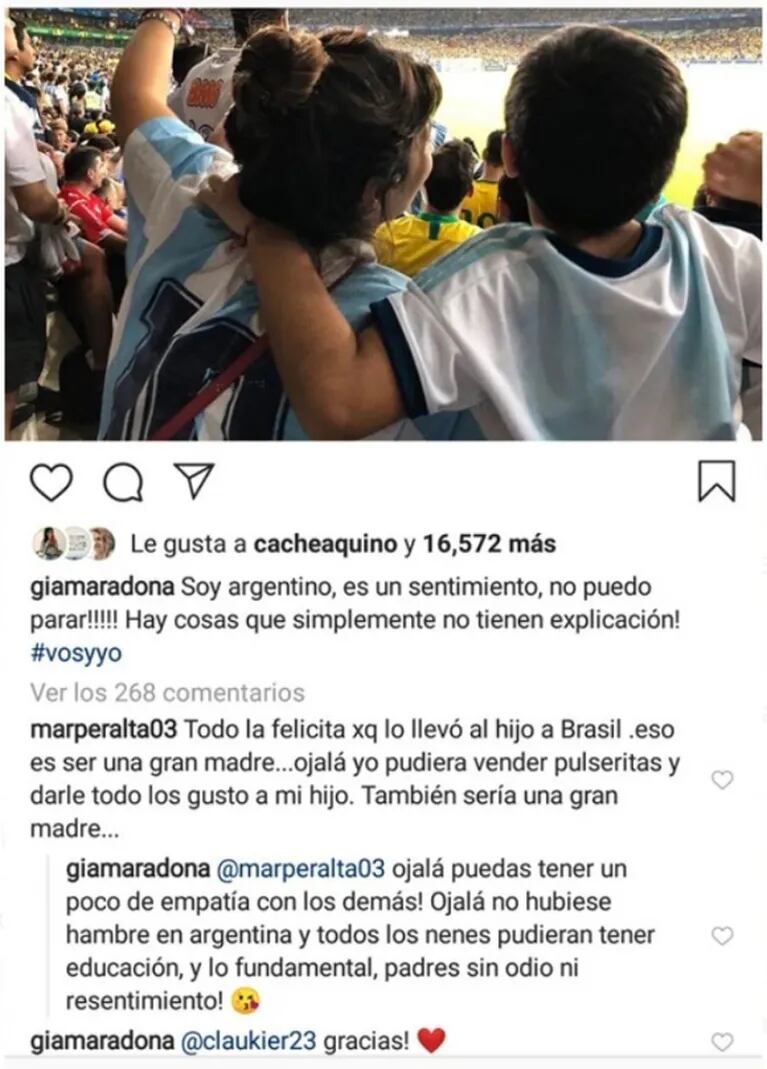 Gianinna Maradona se cruzó con una seguidora, que ironizó con los elogios recibidos por llevar a su hijo a Brasil a alentar a la Selección Argentina
