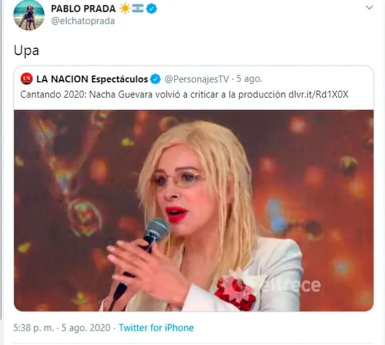 La reacción del Chato Prada ante las fuertes críticas de Nacha Guevara a la producción del Cantando 2020