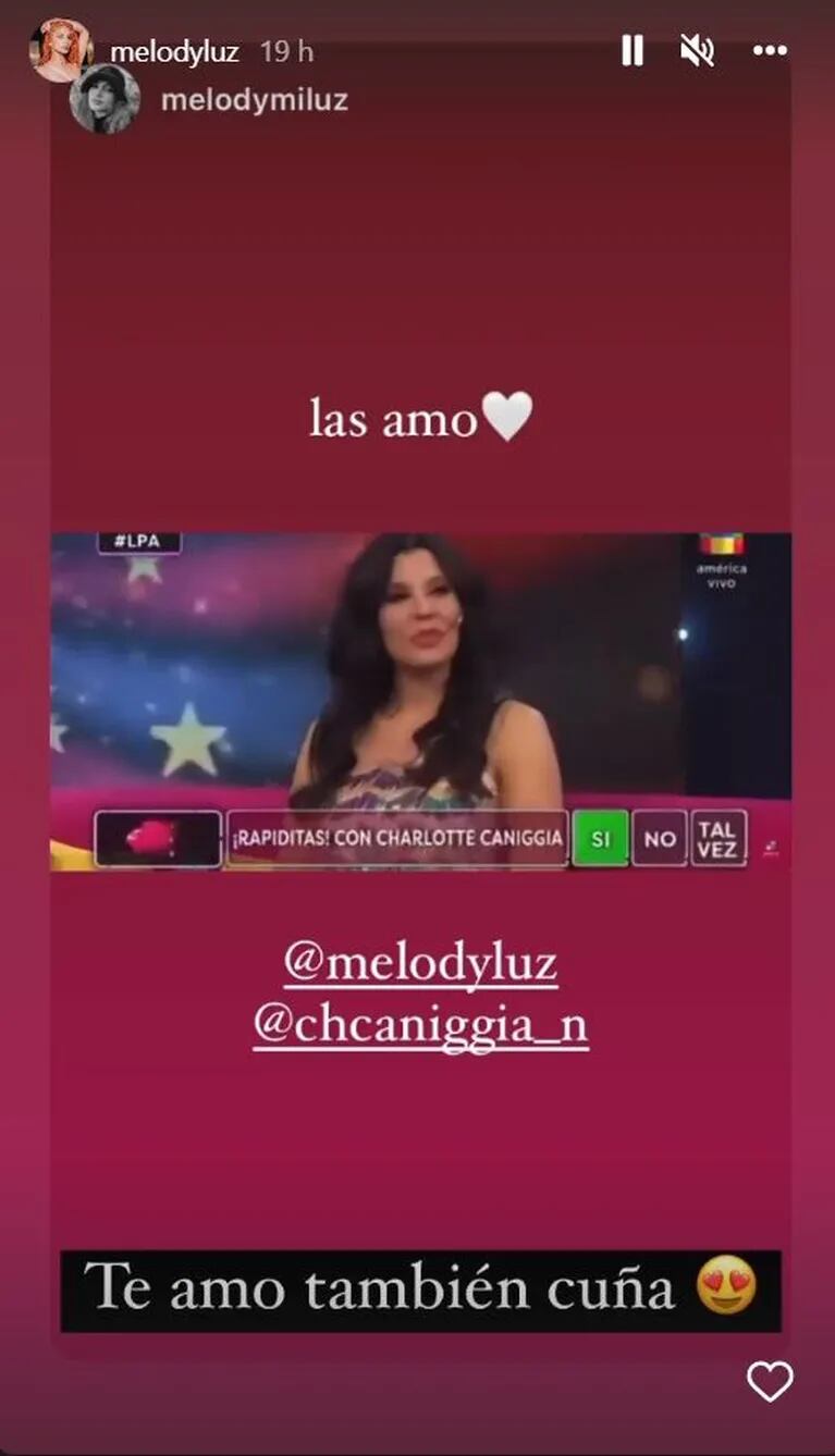La reacción de Melody Luz al ver a Charlotte Caniggia hablar de ella en televisión: "También te amo, cuña"