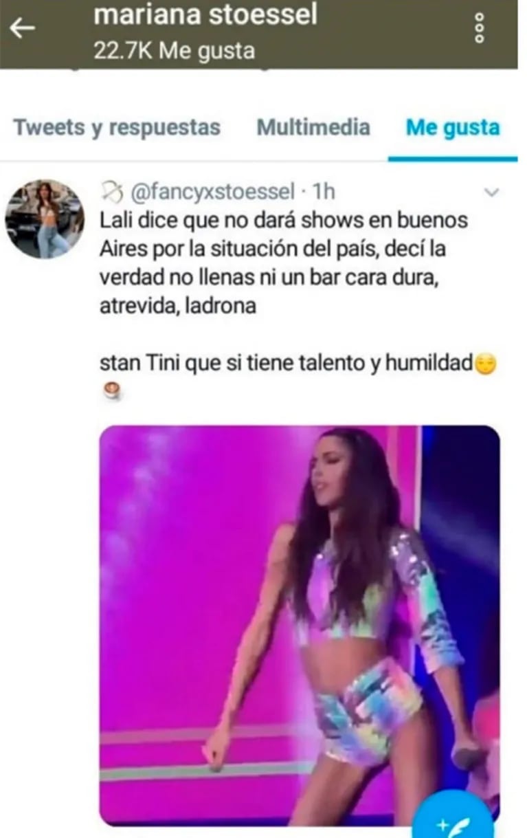 Contundente tweet de Lali Espósito luego de un picante "like" en su contra de la mamá de Tini Stoessel