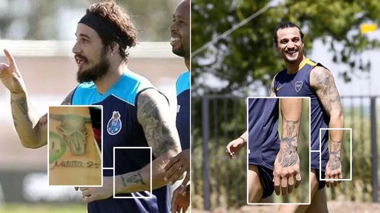 Daniel Osvaldo se tapó el tatuaje con el nombre de Militta Bora. (Fotos: Web y Prensa Boca Juniors)