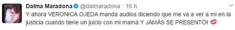 Dalma Maradona y una filosa catarata de tweets contra Verónica Ojeda: "Gracias Dios por darme una madre que me tuvo solo por amor" 