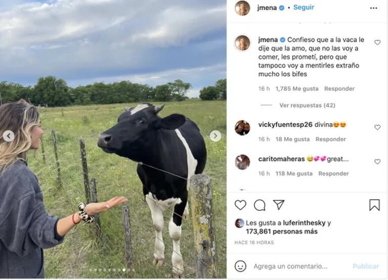 La insólita promesa que Jimena Barón le hizo a una vaca en sus vacaciones: "Le dije que no me las voy a comer"