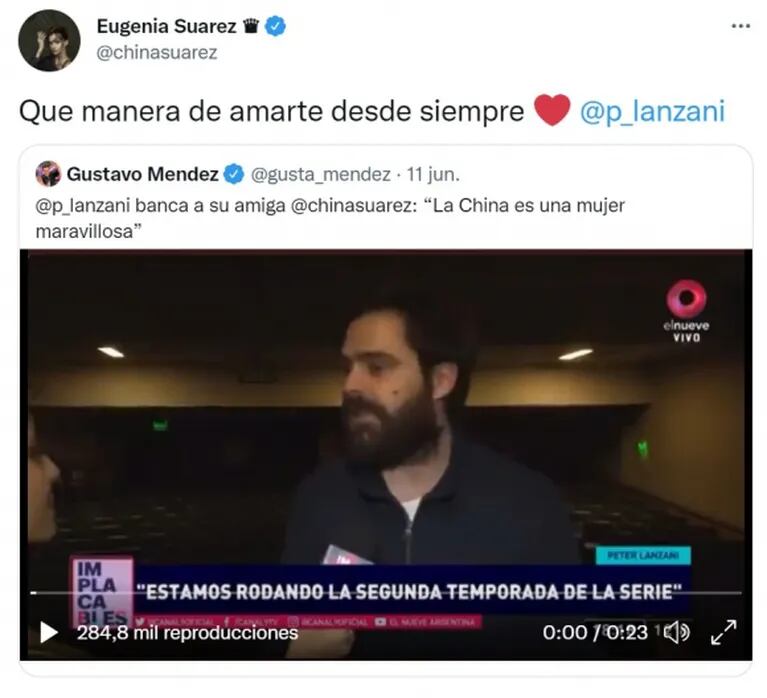 China Suárez le agradeció a Peter Lanzani su defensa pública en medio de las críticas: su cariñoso mensaje