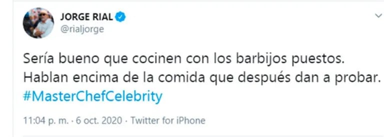 Filoso tweet en vivo de Jorge Rial contra MasterChef Celebrity: "Sería bueno que cocinen con los barbijos puestos"