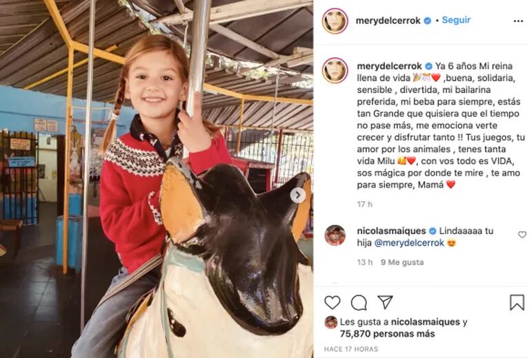 Mery del Cerro le dedicó un tierno mensaje a su hija Mila, que cumplió seis años: "Me emociona verte crecer"