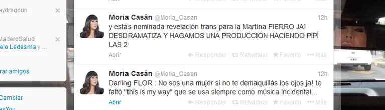 Los tweets de Moria Casán para Flor de la V. (Fotos: Twitter @Moria_Casan)