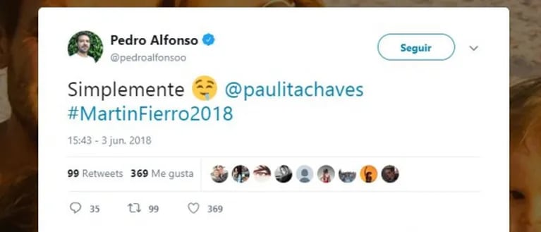 Pedro Alfonso halagó el look de Paula Chaves en los Martín Fierro 2018 ¡con un pícaro emoji!