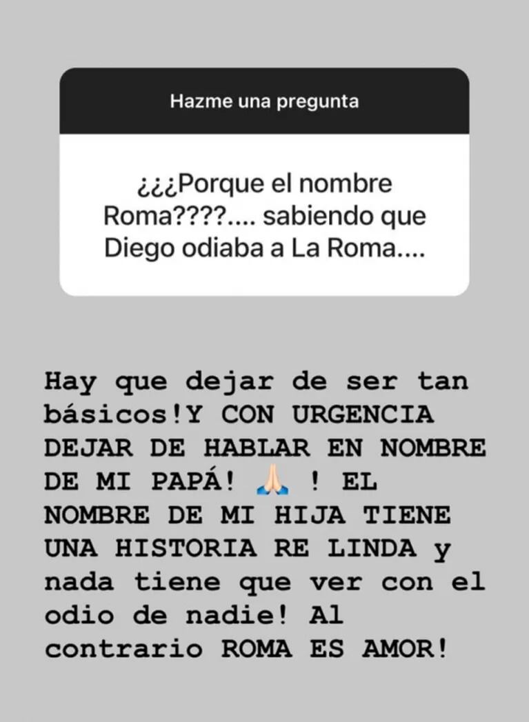 Fuerte respuesta de Dalma Maradona a Morla por decir que Diego estaba indignado porque le puso Roma a su hija: "Básicos"