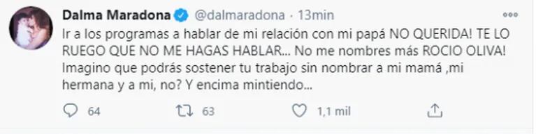 Furiosa catarata de tweets de Dalma Maradona contra Rocío Oliva: "Acordate de lo que hacías en Dubái"