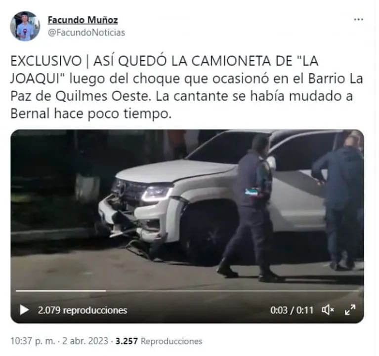 La Joaqui protagonizó un accidente de tránsito con su camioneta en Quilmes