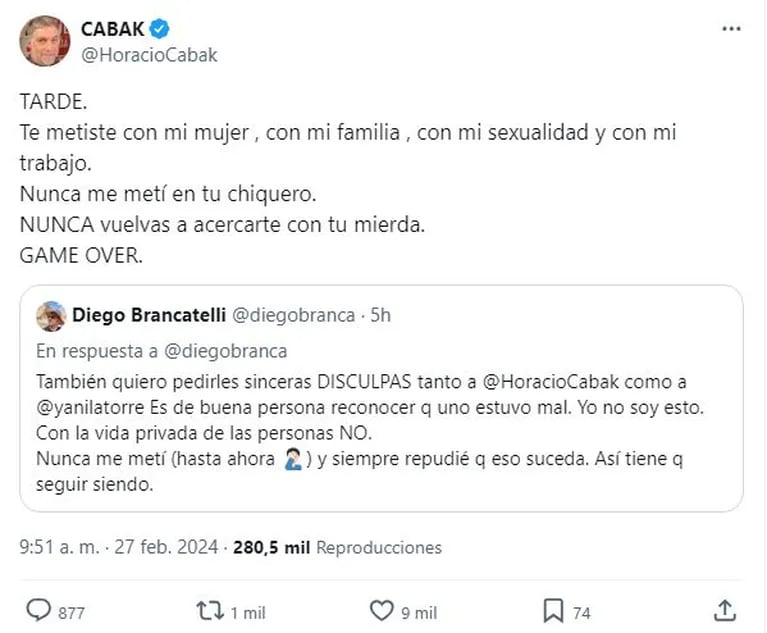 La respuesta de Horacio Cabak a Diego Brancatelli en Twitter.