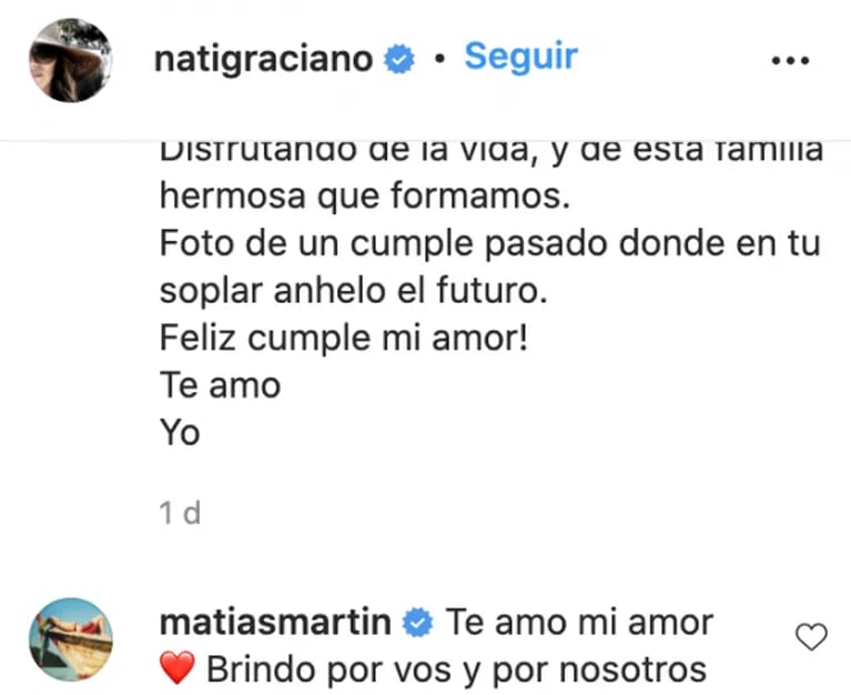 Natalia Graciano le dedicó a Matías Martin un tierno mensaje por su cumpleaños: "Brindo por estar juntos"