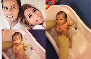 Cinthia Fernández y Matías Defederico, primer baño con su hija. (Fotos: Web, Twitter e Instagram)