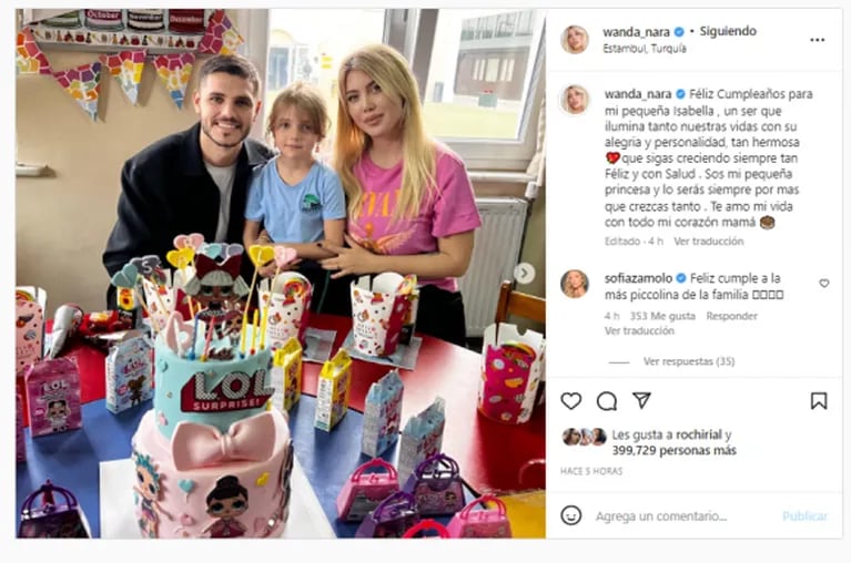 Mauro Icardi compartió una foto con Wanda Nara por el cumpleaños de su hija y ella se la comentó