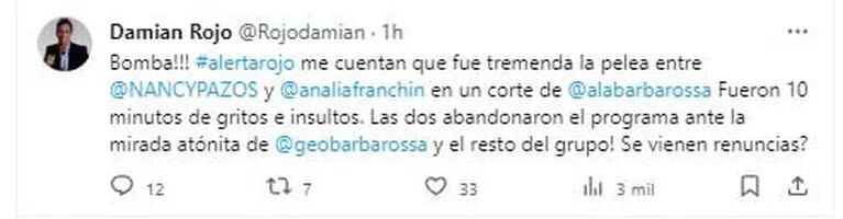 El tweet de Damián Rojo sobre el tremendo cruce entre Analía Franchín y Nancy Pazos (Foto: Twitter / x @rojodamian)